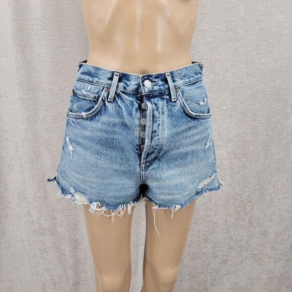 AGOLDE Jaden Denim Short Swapmeet Swap Meet Distressed Blue Jean Shorts Cutoff - Picture 1 of 14